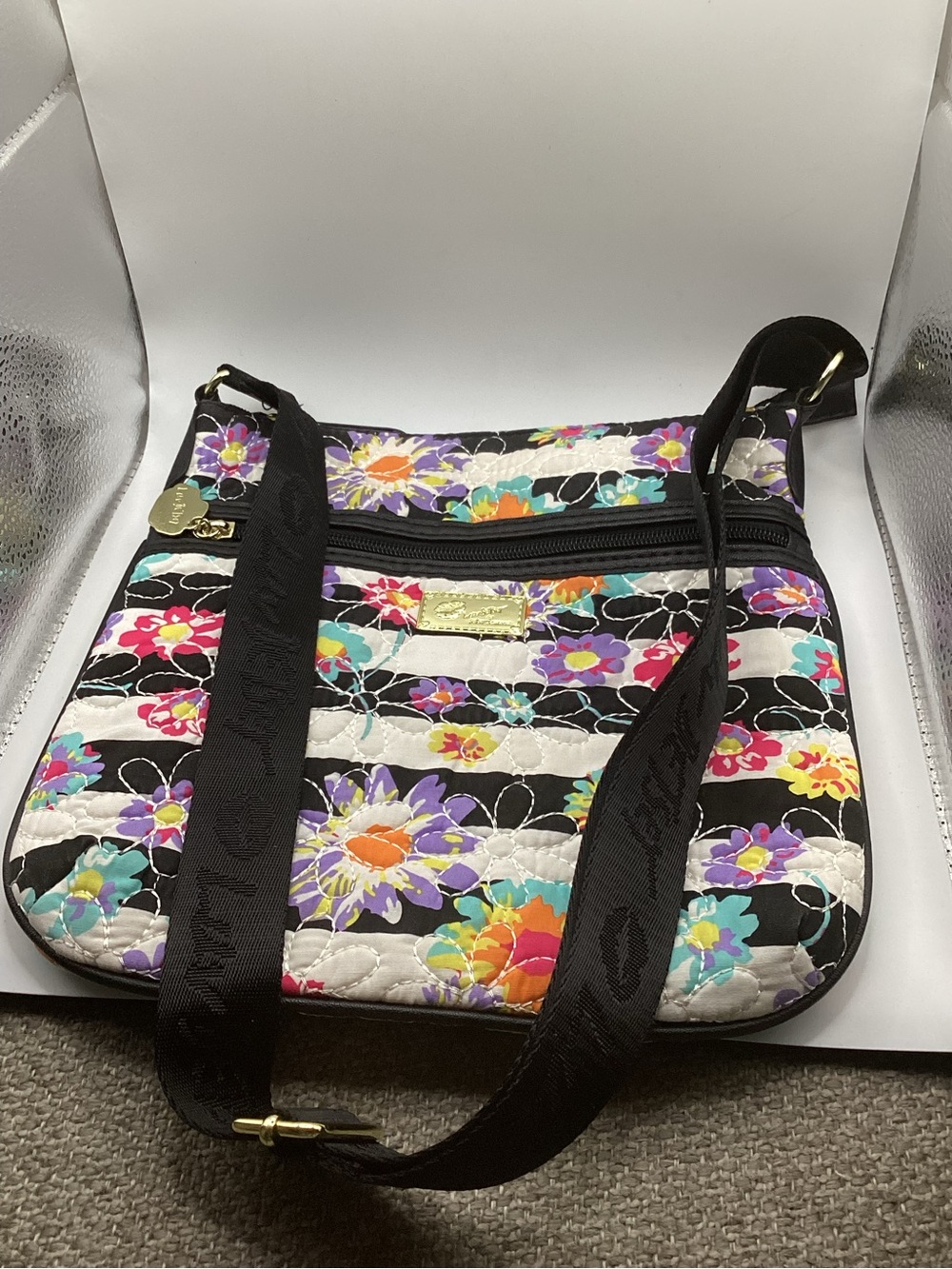 Betsey Johnson Black Quilted Crossbody with Multicolor Floral Stripes